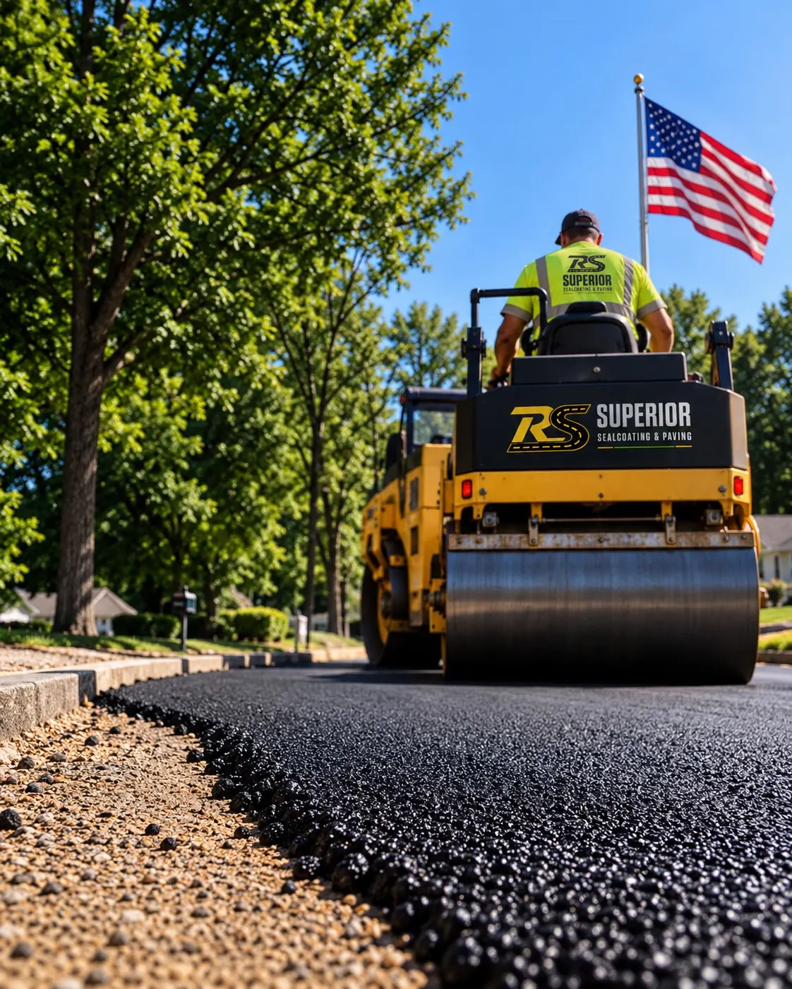 RS Superior paving crew compacting fresh asphalt beneath an American flag