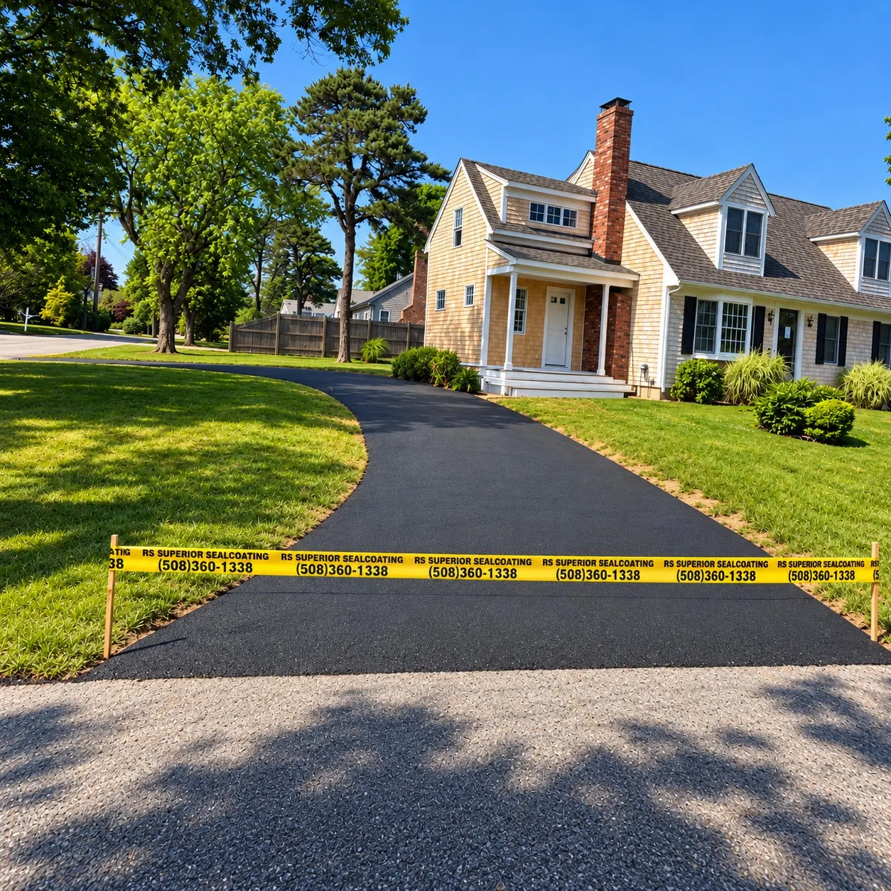 Finished curved asphalt driveway at a Cape Cod home with RS Superior safety tape