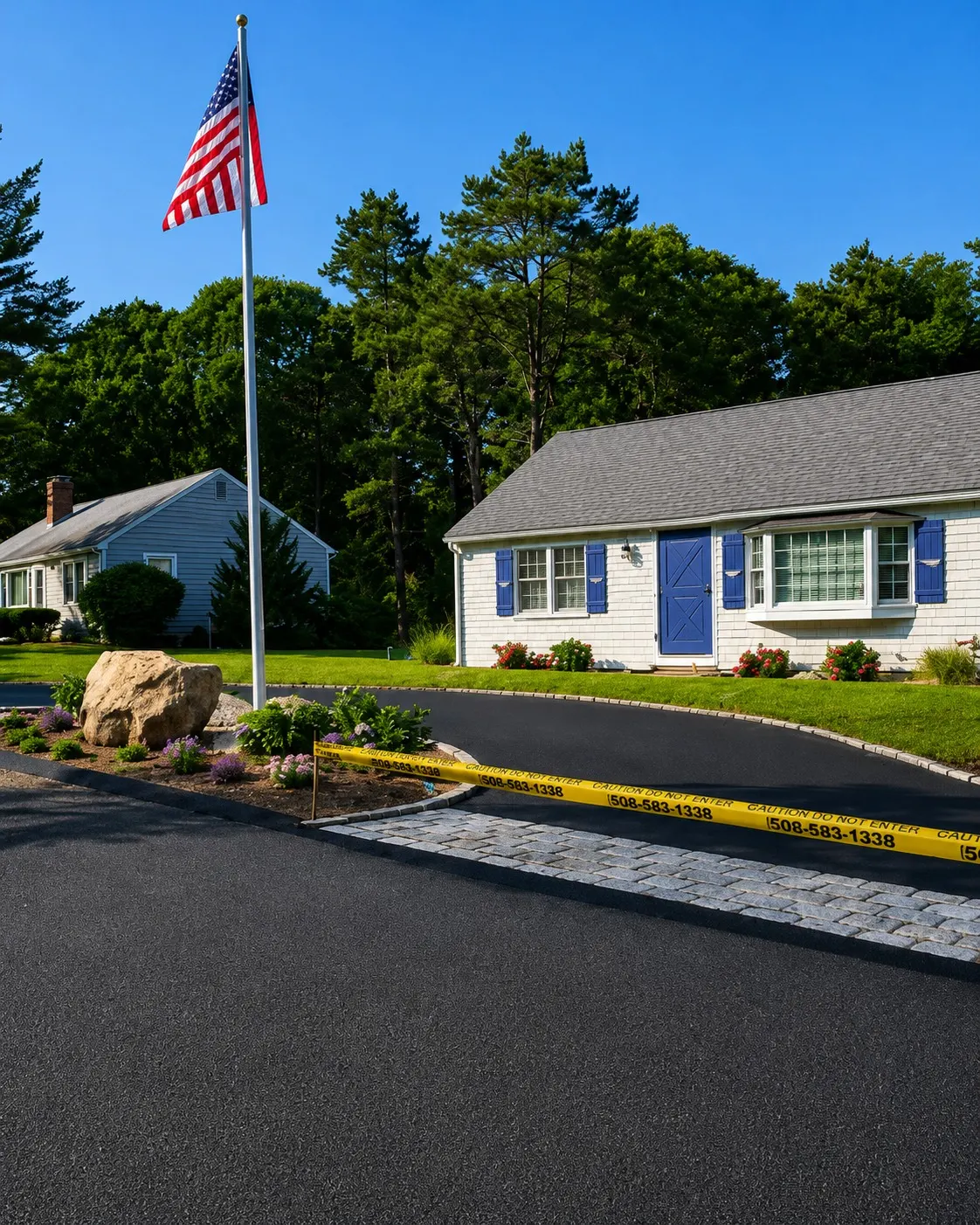 Fresh asphalt driveway around a landscaped flagpole and stone border