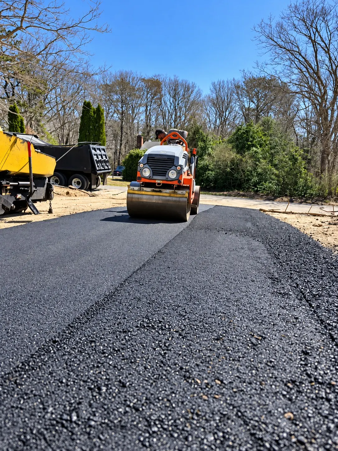 RS Superior operator compacting newly placed asphalt on a residential driveway