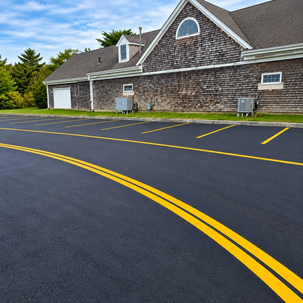 Freshly striped parking lot with bright yellow lines beside a shingle-clad Cape Cod building
