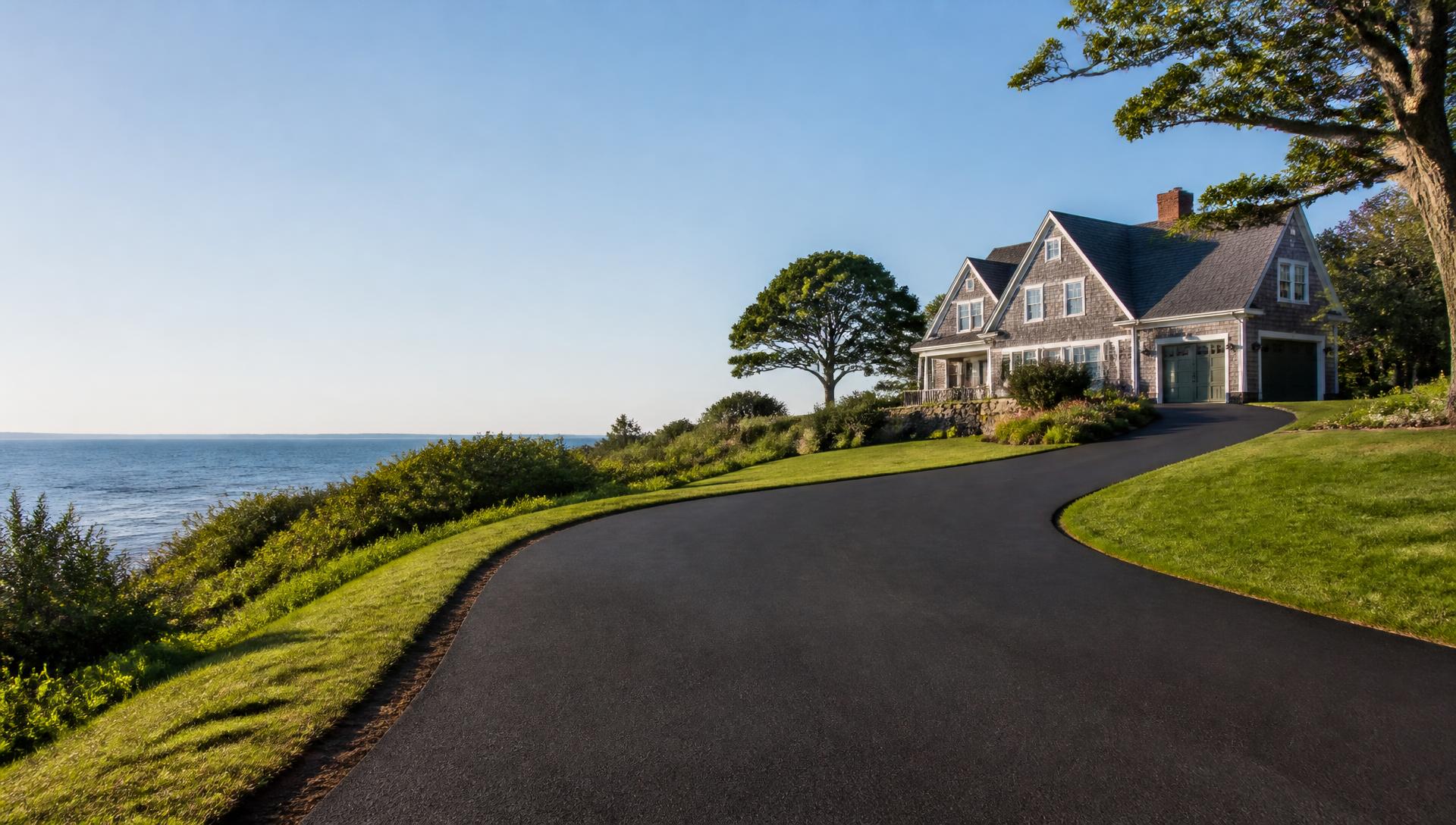 Freshly paved asphalt driveway on a Cape Cod property