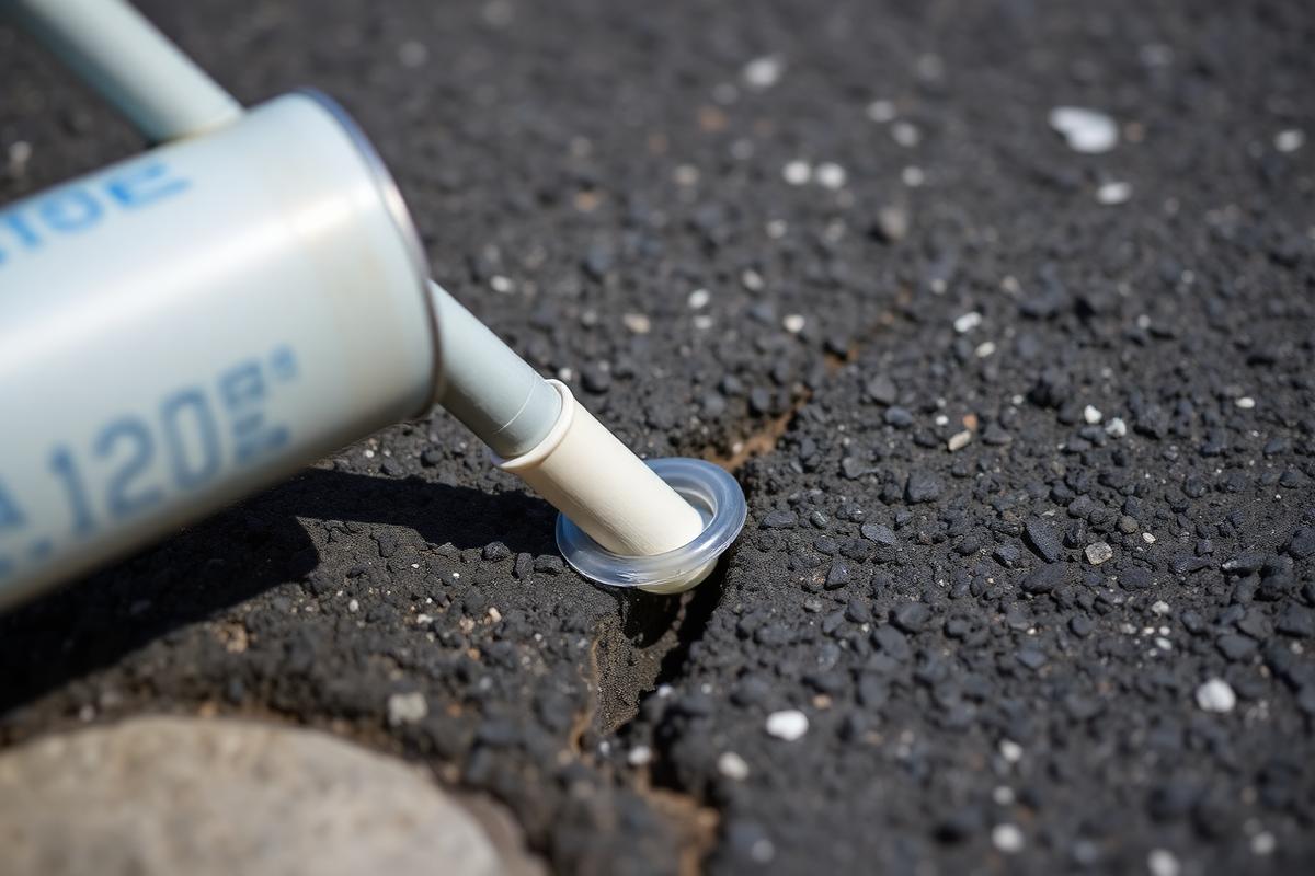 Hot-pour crack sealing being applied to an asphalt crack